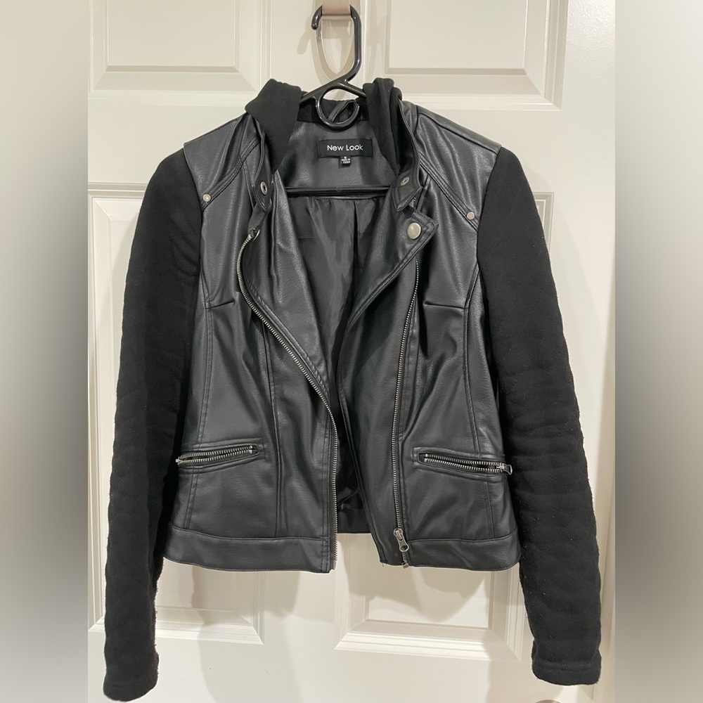 Faux Leather Jacket with Hoodie